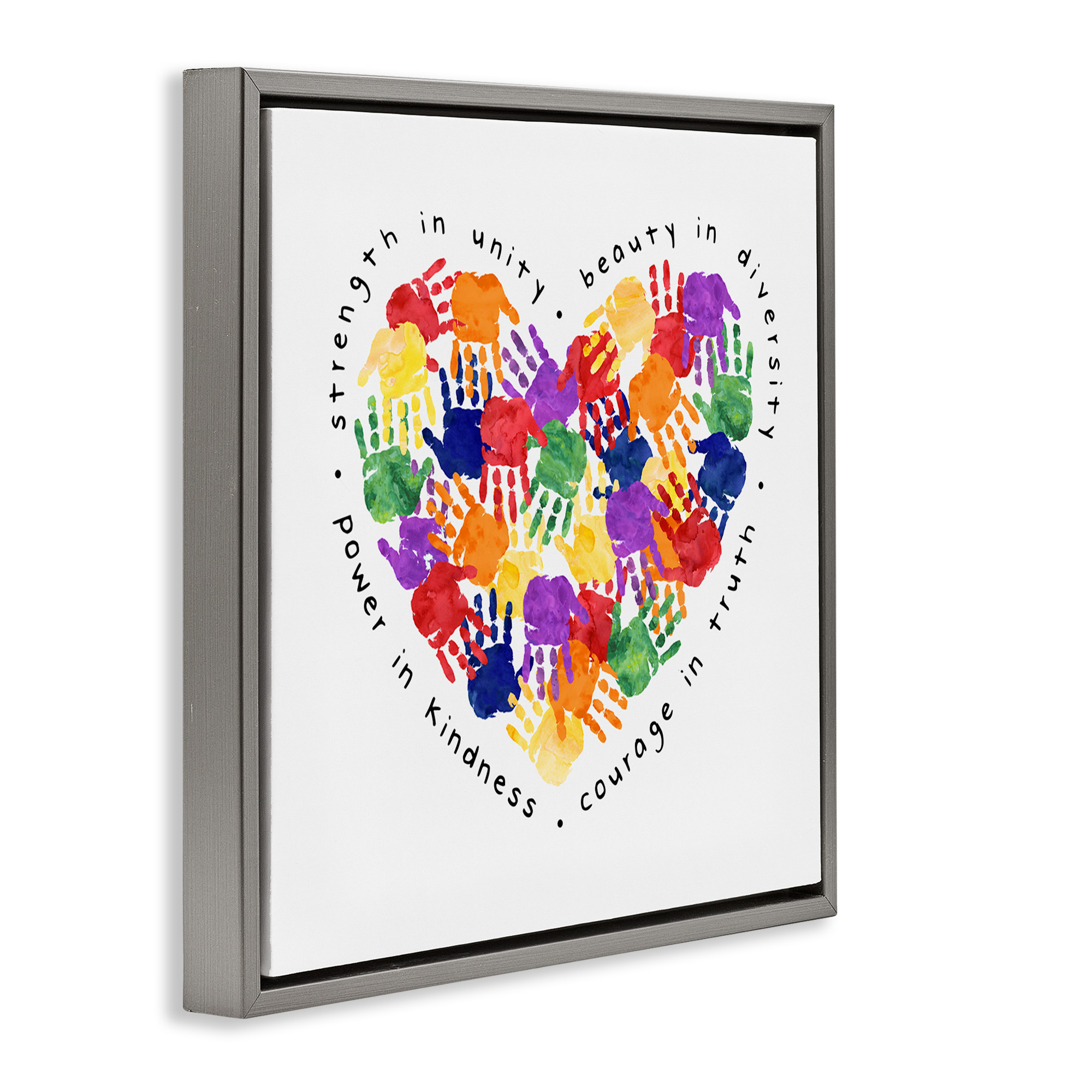 Stupell Industries Strength In Unity Handprint Heart Inspirational Painting Gray Floater Framed Canvas Art Print Wall Art, 18 x 18