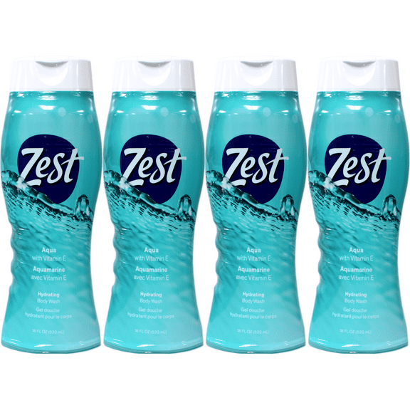 Zest Hydrating Body Wash Shower Gel Aqua Scent with Vitamin E 18 fl oz Pack of 4