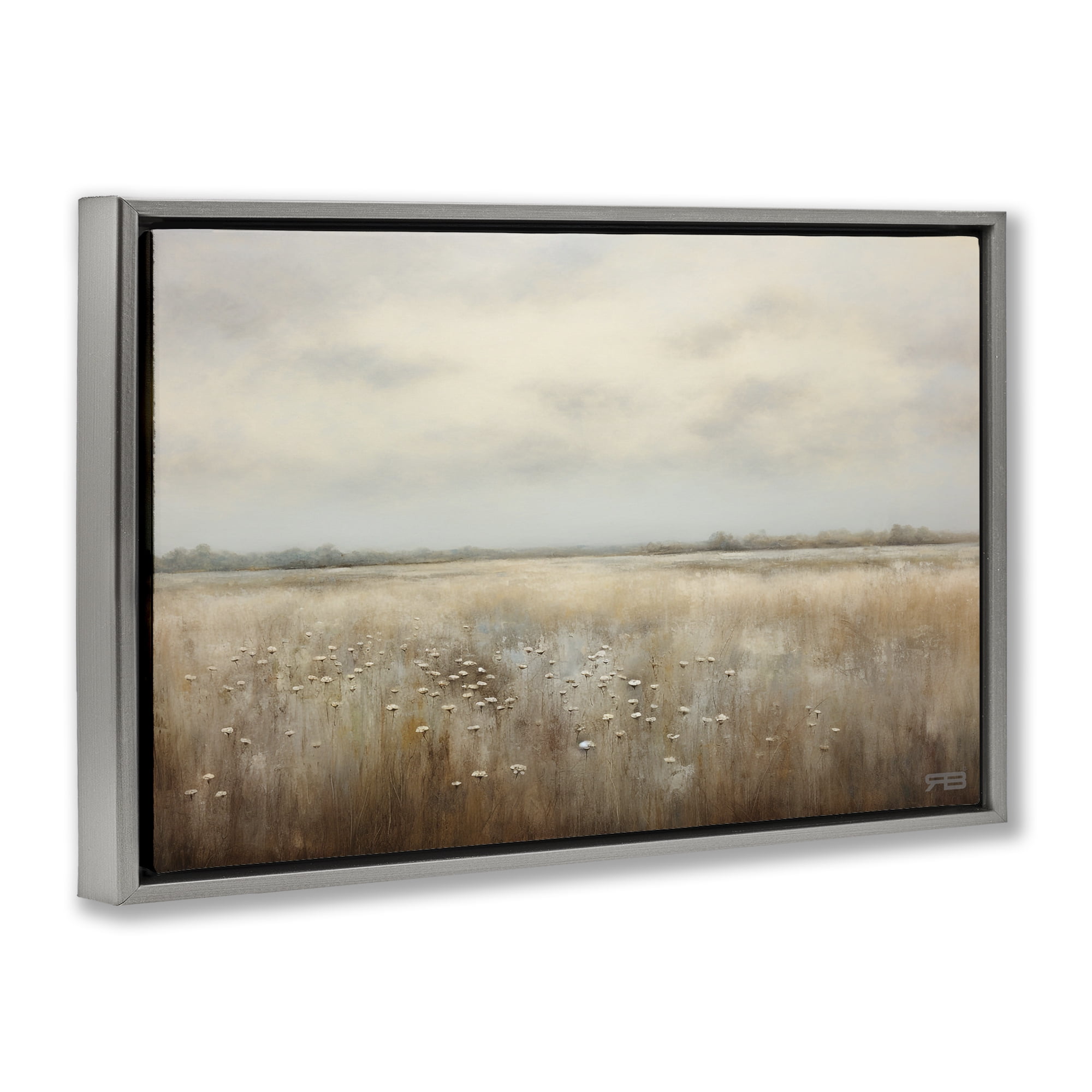 Stupell Industries Subtle Flower Meadow Landscape Painting Gray Floater Framed Art Print Wall Art, 31 x 21