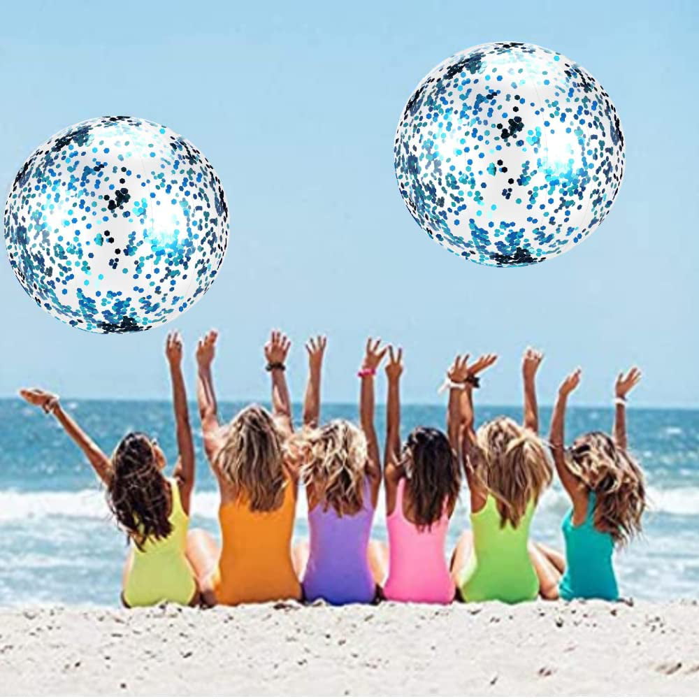 Glitter Beach Balls 24 Inch 3 Pack Inflatable Beach Ball with Confetti Glitters Beach Toys for Kids Adults Airtight Swimming Pool Balls Colorful Summer Party Favors Outdoor Water Games 