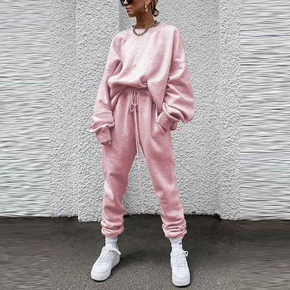 Jacenvly Womens Sweatpants Solid Soft Warm Tracksuits Suit Crewneck Pocket Pullover Elastic Waisted Sweatpants Loose Casual 2-Piece Sets Pink