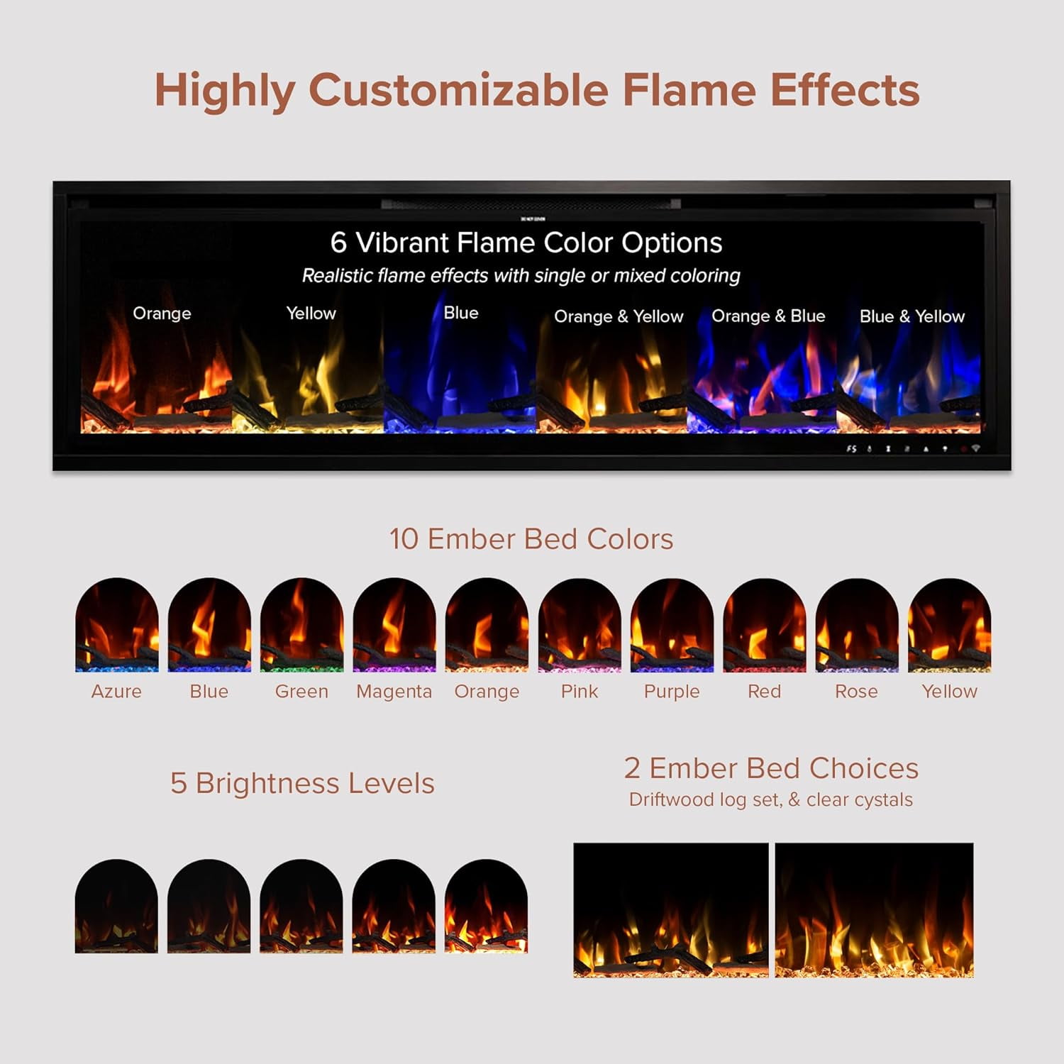 Modern Ember Patton 64" Black Mantel Electric Fireplace Package, 42" Firebox, 5 Flame Colors, 10 Ember Bed Colors, Log & Crystal Kits, Alexa/Wi-Fi Enabled