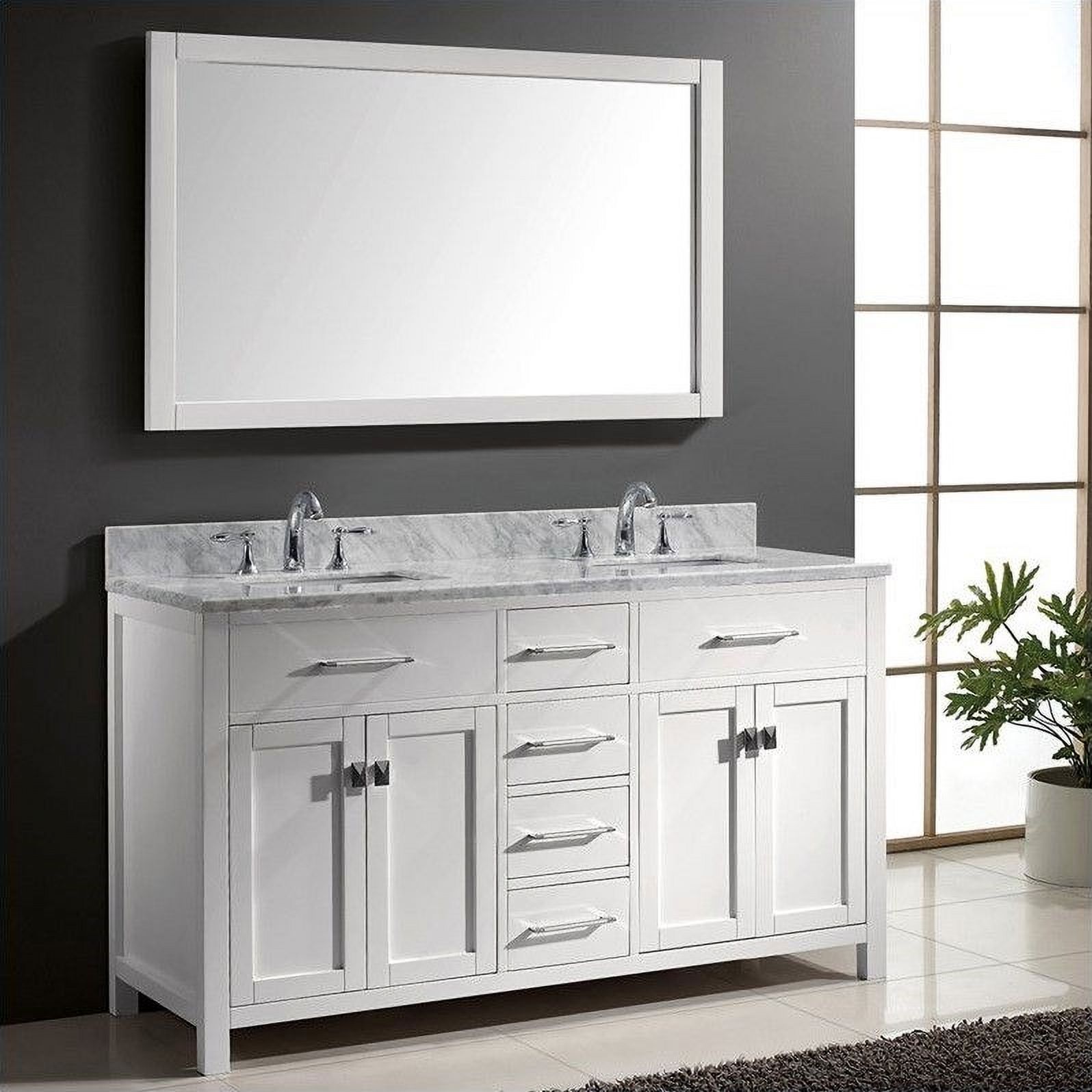 Caroline 60" Double Bath Vanity in White with White Marble Top and Square Sinks with Matching Mirror - image 2 of 4