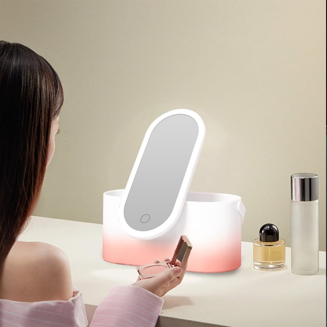 Estuche organizador de maquillaje de viaje con espejo LED, color rosa, portátil, con interruptor táctil, para el hogar, color amarillo.