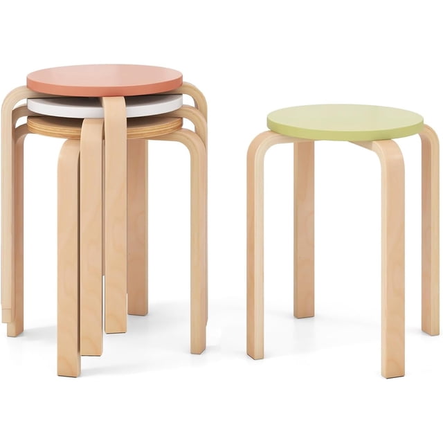 Songqin Stackable Bentwood Stools Set of 4, 18-Inch Height Backless Counter Chairs with Round Top, Anti-Slip Felt Pad, Portable School Stool for Dining Room, Kitchen, Classroom, Assorted Color