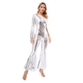 thumbnail image 4 of YiZYiF Womens 70s Disco Outfits One Shoulder Shiny Metallic Bell Bottom Dance Jumpsuit Clubwear Silver XXL, 4 of 6