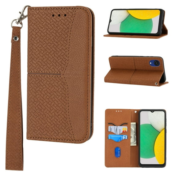Feishell for Samsung Galaxy A03 Core Phone Case with Wrist Strap,for Women Men,Shockproof Protective Premium PU Leather Magnetic Closure Flip Kickstand Credit Card Slots Wallet Phone Case,Brown