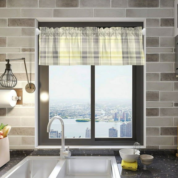 Yellow and Grey Tartan Pattern Curtain Valances Window Treatment Rod Pocket Drape Valance 54" X 18" for Kitchen Living Room Bedroom