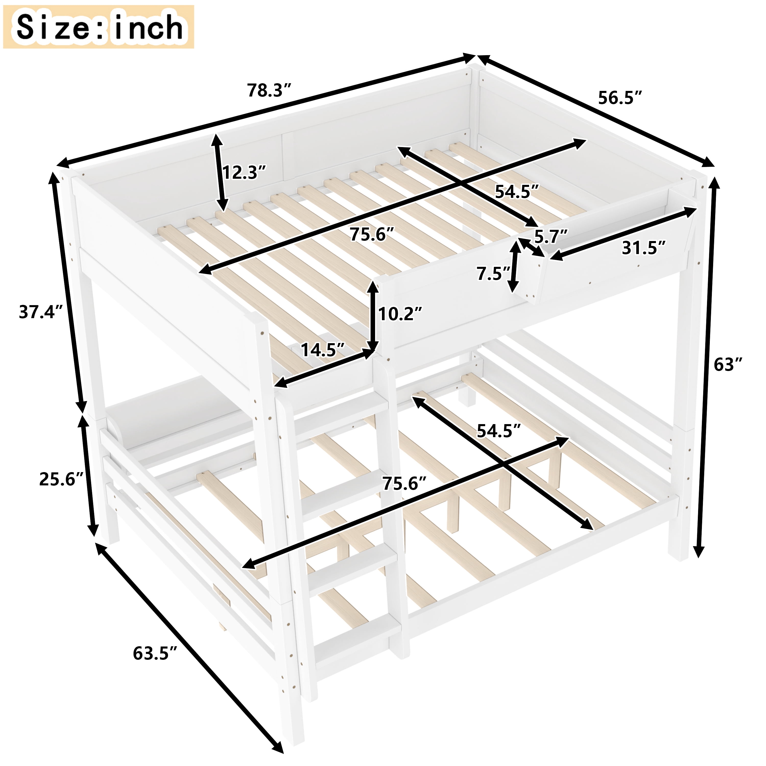Mintazer Full Over Full Detachable Bunk Bed with Storage Shelf and Bookshelf, Modern Convertible Bunk Bed with Ladder and Guardrails for Bedroom Guest Room, White