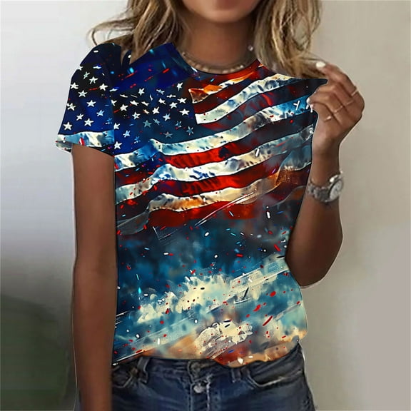 Cavosen Patriotic T Shirts for Women Petite 4th of July Short Sleeve Crewneck Tops American Flag Print T Shirts Lady XL Red White and Blue Casual Shirts Patriotic Tunic Tees 2025 Patriotic Outfits