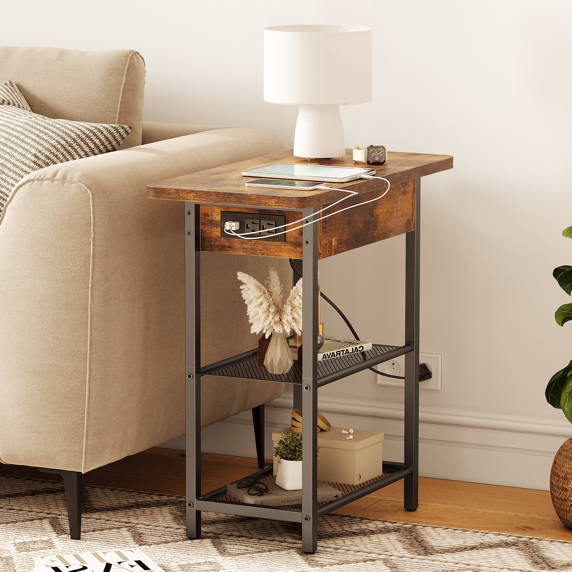 HOSEOKA Narrow End Table with Charging Station Farmhouse End Table with USB  Ports and Outlets for Small Space, Slim Sofa Side Table with Storage