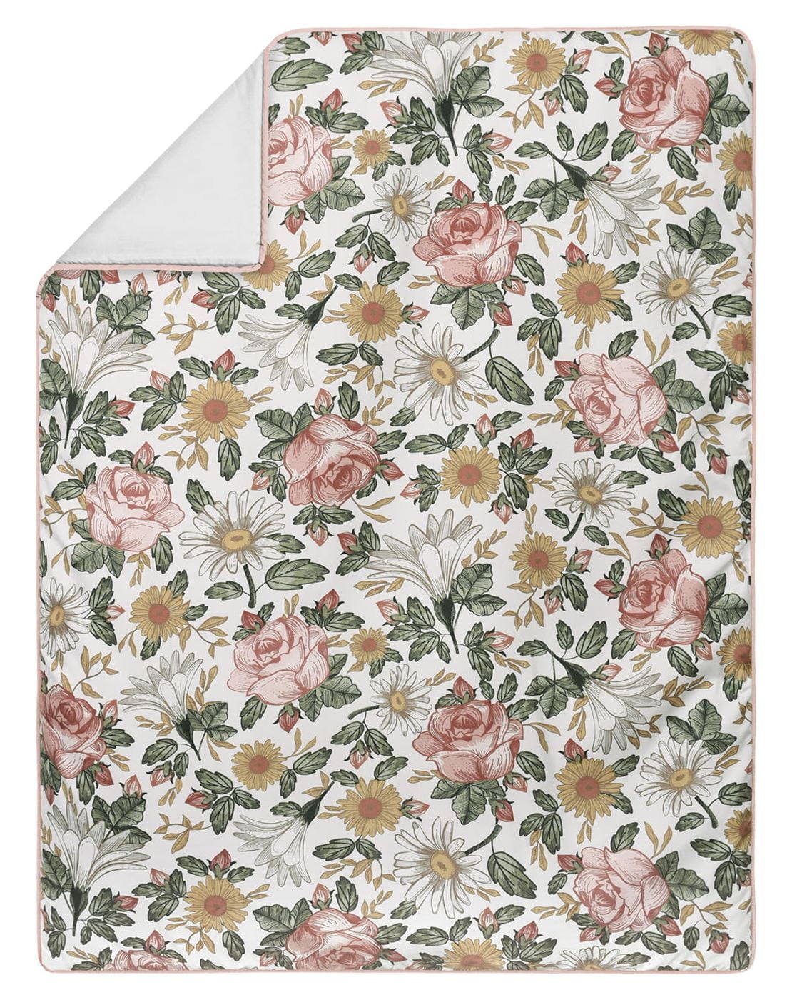Sweet Jojo Designs Vintage Floral Pink Green and Yellow Crib Bedding + BreathableBaby Breathable Mesh Liner Pad