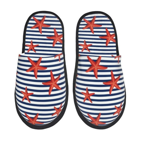 Balery Starfish Navy Blue Stripe Slient Indoor Furry Fleece Comfort House Shoes Soft Non-Slip Home Shoes Cotton slippers House Slippers-- Large