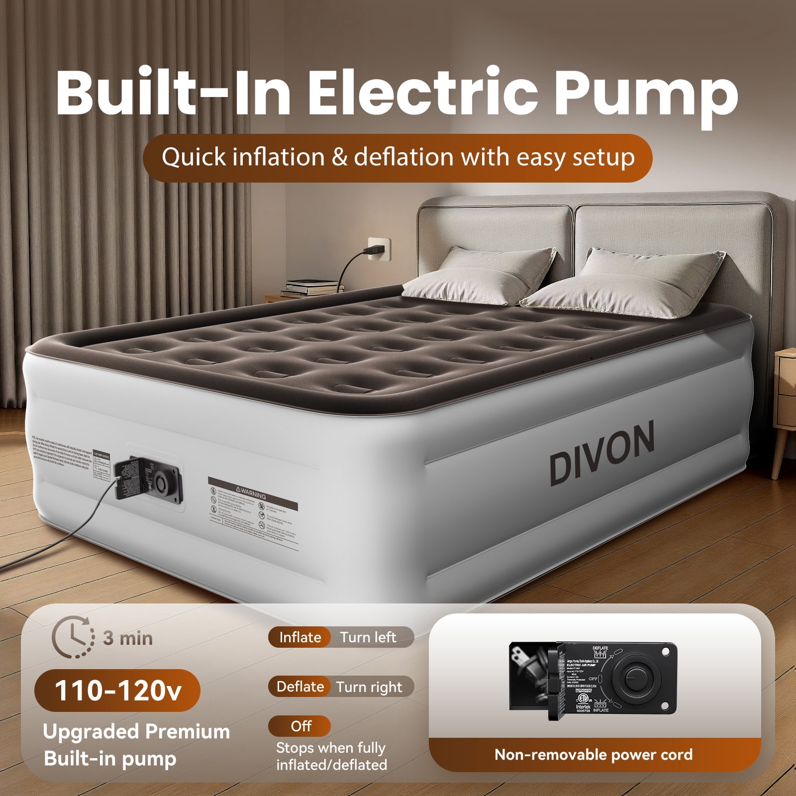 Divon Full Size Air Mattress with Built-in Pump, 18" Elevated Inflatable Bed for Guests & Travel, Brown