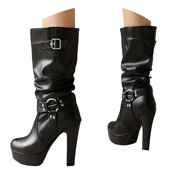 Mostsola Boots for Women Platform Heeled Mid Calf Punk Boots Pull on Wide Calf Tall Boots