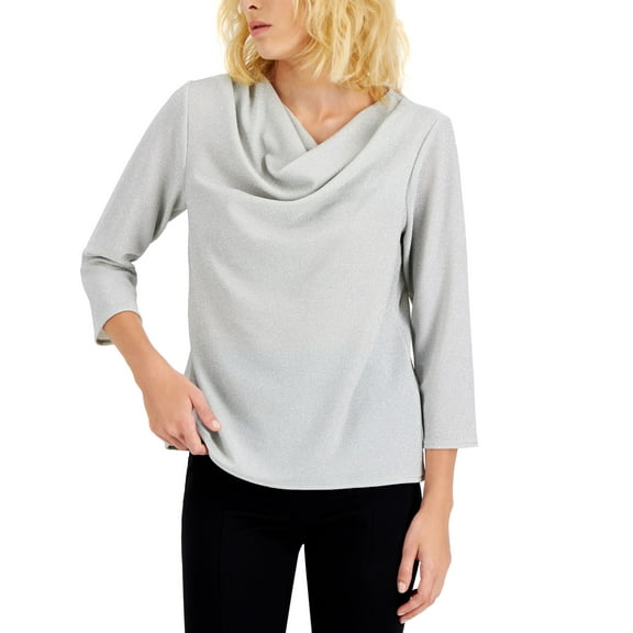 Alfani Womens Shine Cowl Neck Top Silver S