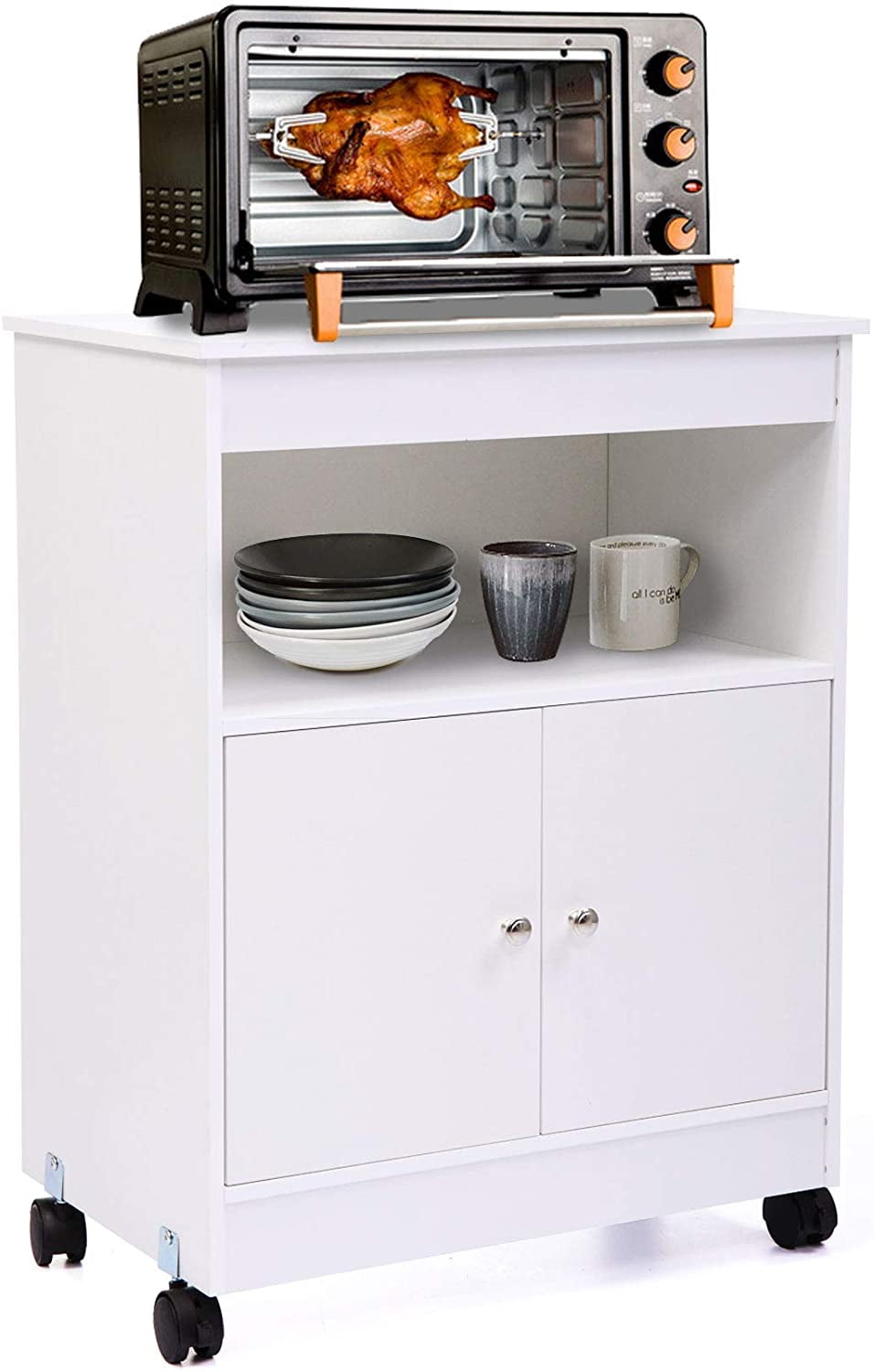 Microwave Cart, Kitchen Microwave Stand Storage with Rolling, Wood Kitchen Cart Cabinet with 1 Drawer for Dining Rooms Kitchens Living Rooms, White