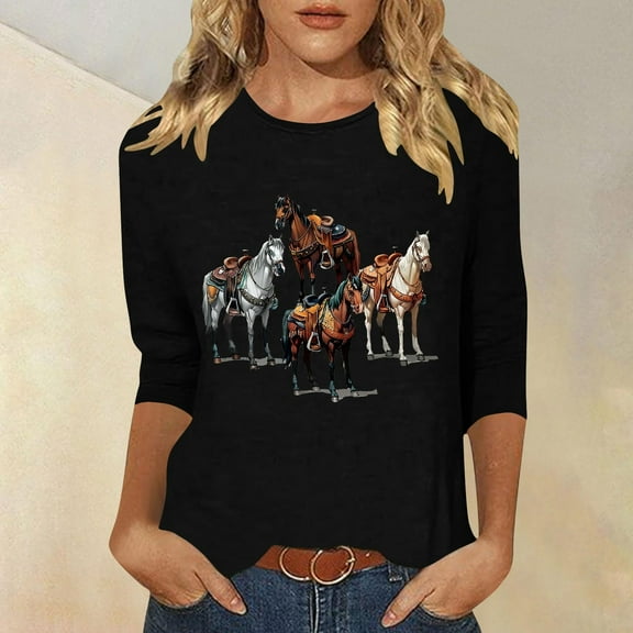 GaThRRgYP Womens Tops Plus Size,Women's New 3/4 Sleeve Western Style Printed Casual Top T-shirt Black M