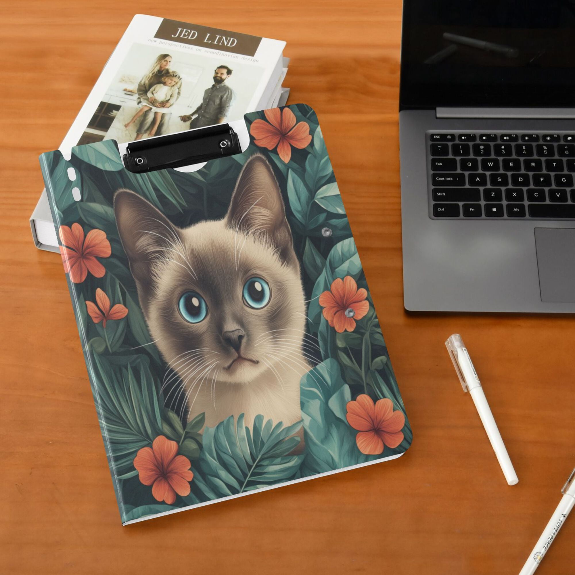 FORMRS A4 Clipboard Folder with Pen Holder Horizontal Foldable School Office Binder, Flowers and Cat