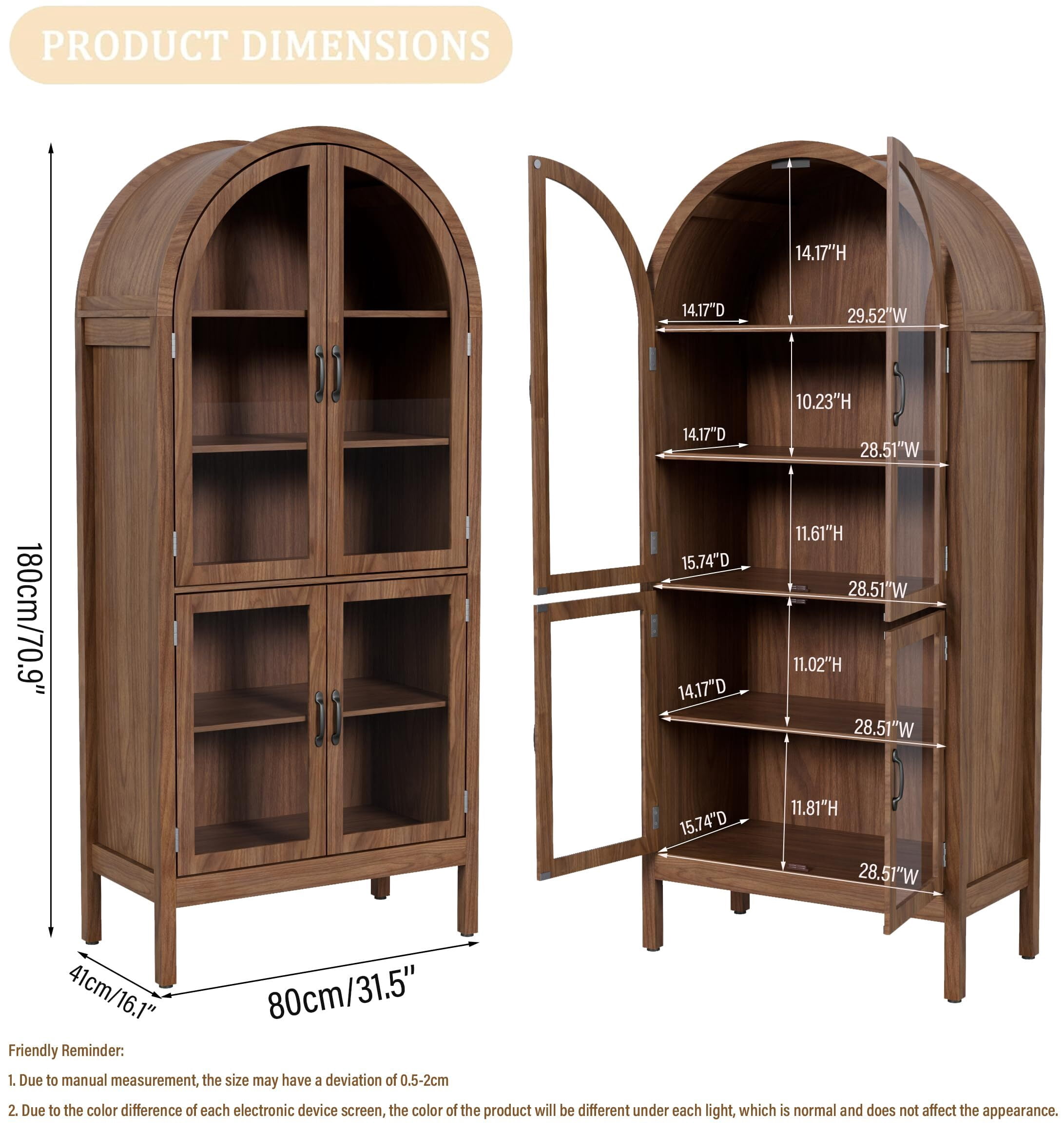 Fsbecl Tall Arched Display Cabinet with Acrylic Glass Doors, Pantry Storage Cabinet for Living Dining Room, Walnut