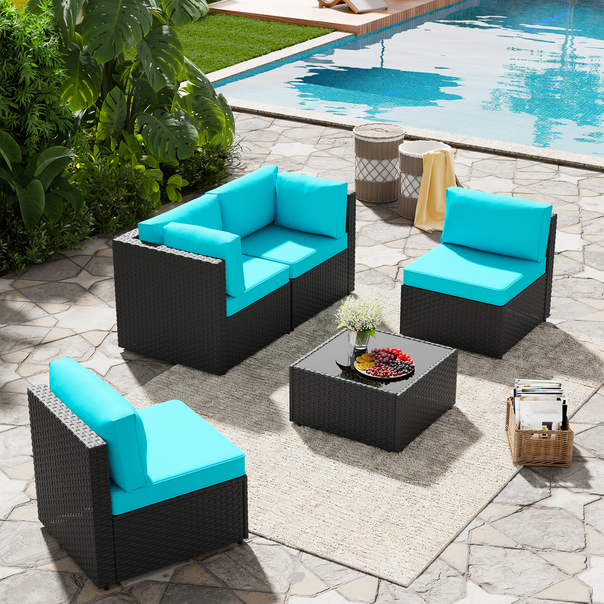 Walsunny 5 Pieces Outdoor Furniture Patio Sectional Sofa Set, Wicker Rattan Conversation Sets with Cushions and Glass Table, Black Rattan Blue Cushions