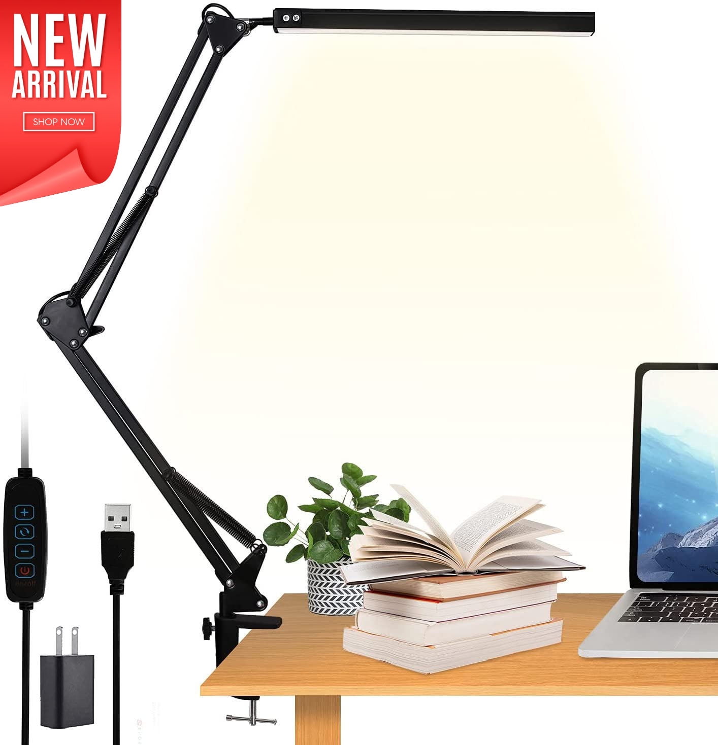 LED Desk Lamp, Metal Swing Arm Desk Lamp with Clamp, Eye-Caring Architect Desk Light, Dimmable Table Lamp with 3 Color Modes 10 Brightness Levels & Adapter