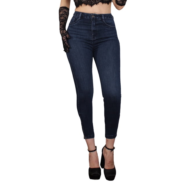 Jeans Mujer Super Skinny Corto Tiro Alto Azul Oscuro