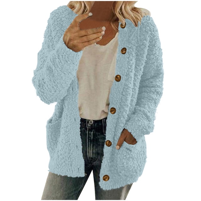 aohooy Button Up Cardigan Sweaters for Women Sherpa Fleece Cardigans with Pockets Open Front Fuzzy Long Sleeve Sweater Light Blue,L