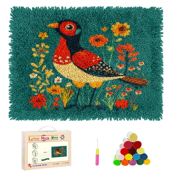 DIY Latch Hook Rug Kits Cartoon Pheasant in Flowers Stamped Non-slip Mat Crochet Yarn Hook and Latch Emboridery Tapestry for Home Floor Decor and Pet Warm Cushion 52x38cm(1)