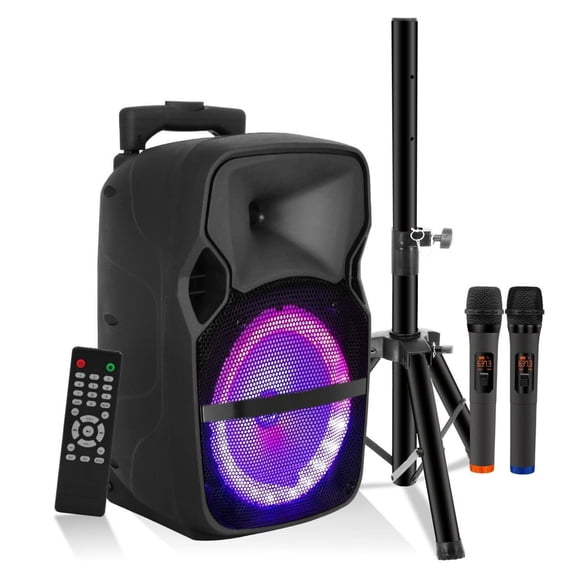 Bluetooth Party Speaker 250W Rechargeable PA System with Lights & 2 Wireless Karaoke Mics