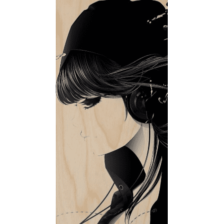 Cartoon Anime Girl Emo W Headphones Black Hair Plywood Wood