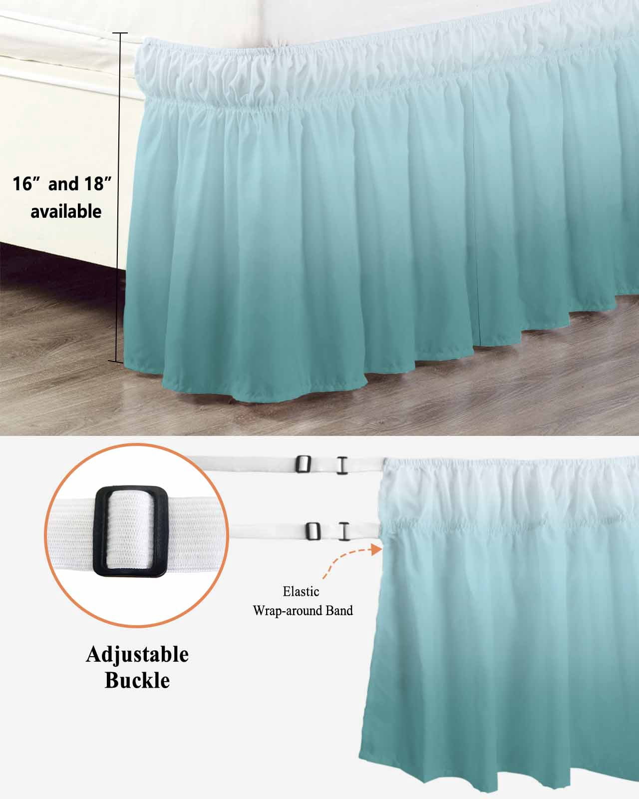 Turquoise Green Bed Skirt King Size 16" Drop Gradient Color Ruffled Wrap Around Bed Skirts Adjustable Elastic Bedskirt Dust Ruffle for King Size Bed