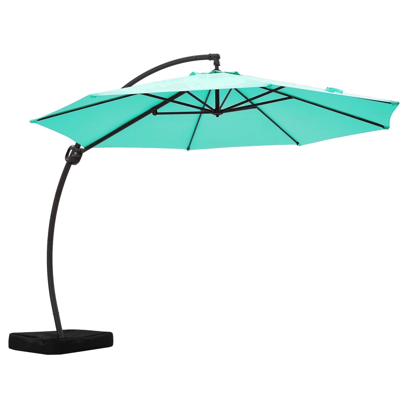 FUNDAZE 11ft Market Patio Umbrella with Base, Curved Cantilever Hanging Sun Shade with Crank & Tilt for Garden, Deck, Poolside,Turquoise