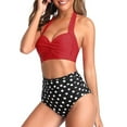 thumbnail image 4 of Fesfesfes Women Vintage Swimsuit Two Piece Retro Halter Neck Bikini Ruched High Waist Bottom Print Bikini Set, 4 of 9