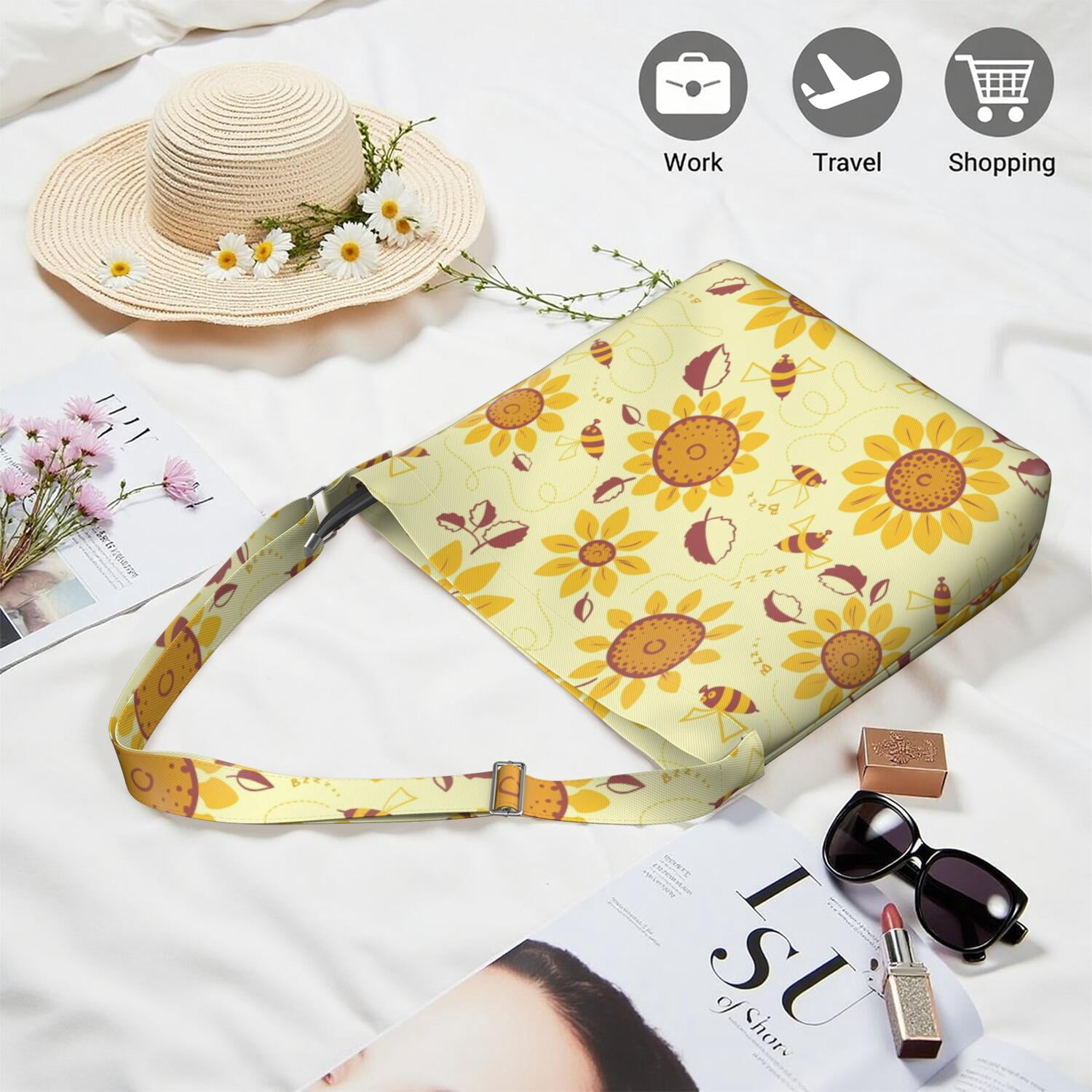 Country Inspired Sunflower Farm Theme Sling Bag - Spacious Work Bag with Multi-Pocket