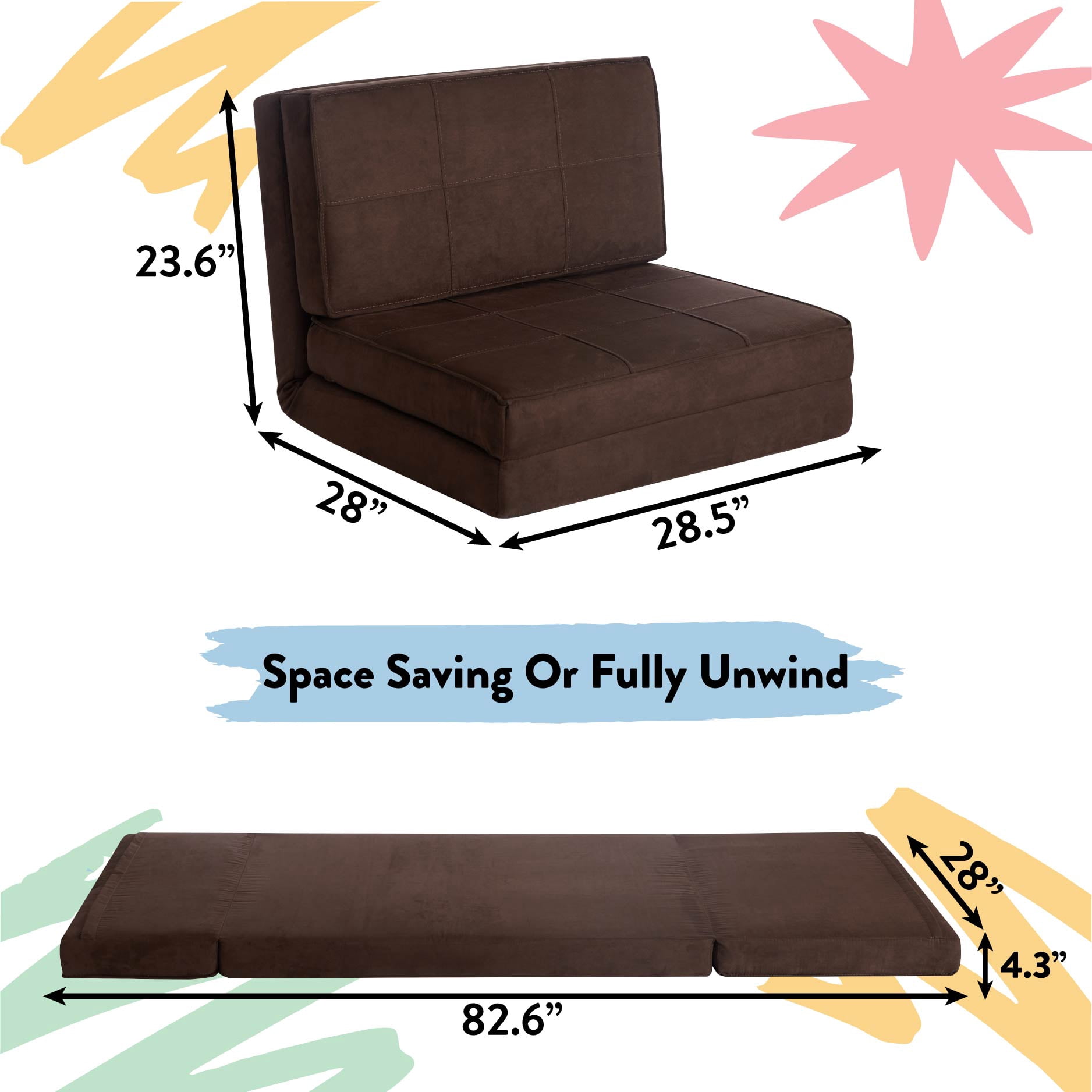 Room Revival Ultra Soft Suede 3 Position Convertible Flip Lounge Chair, Black