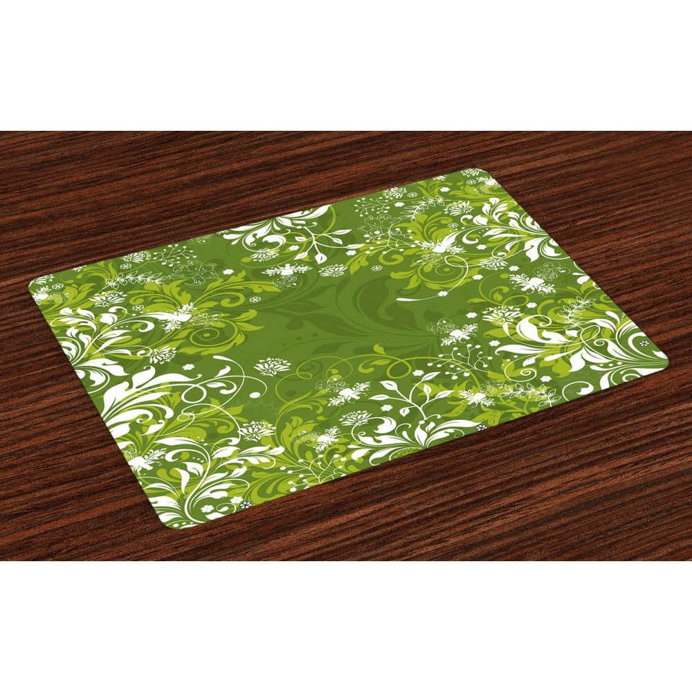 Green Placemats Set of 4 Abstract Floral Ornaments Nature Inspired