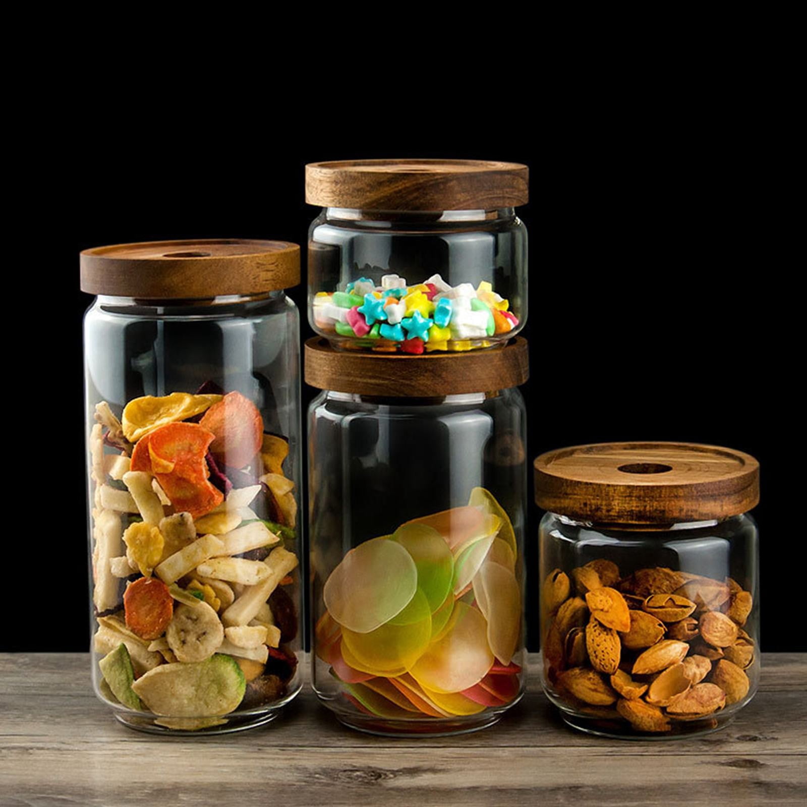 MOQIN Airtight Glass Food Storage Jars, Clear Glass Food Storage Container with Sealing Wooden Lid, Stackable Spice Jar, Round Kitchen Canister for Sugar, Tea, Coffee bean, Pasta, Oat