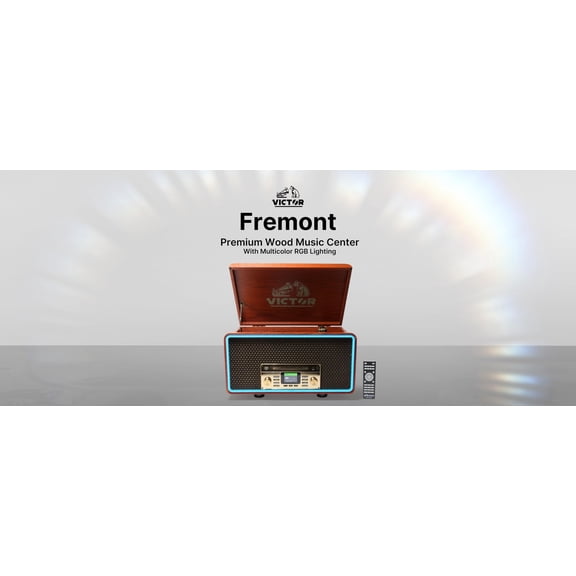 VICTOR VWRP-6000 Fremont 8-in-1 Premium Wood Music Center with 3-Speed Record Player, Built-in Speakers, and RGB LED Lighting