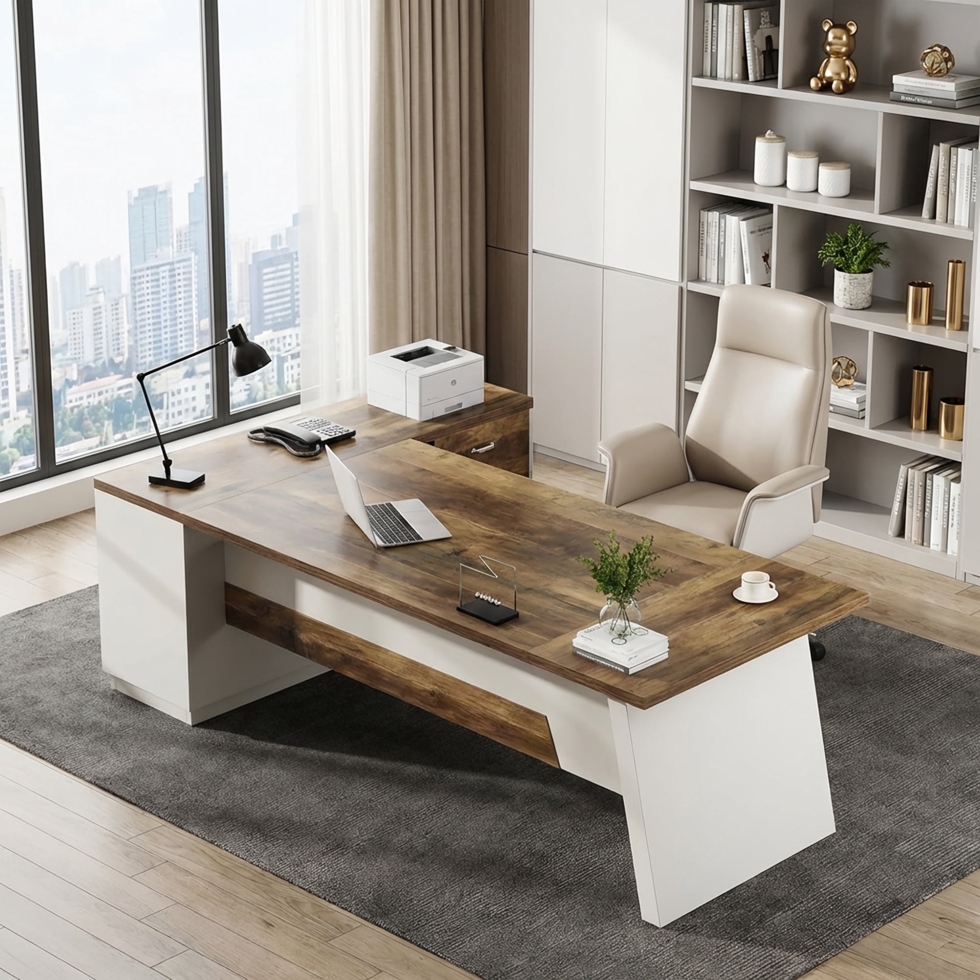 Modern L-Shaped Executive Desk 78-Inch Large Office Desk with Lateral File Cabinet and Storage Shelves Home Office Workstation Walnut Black