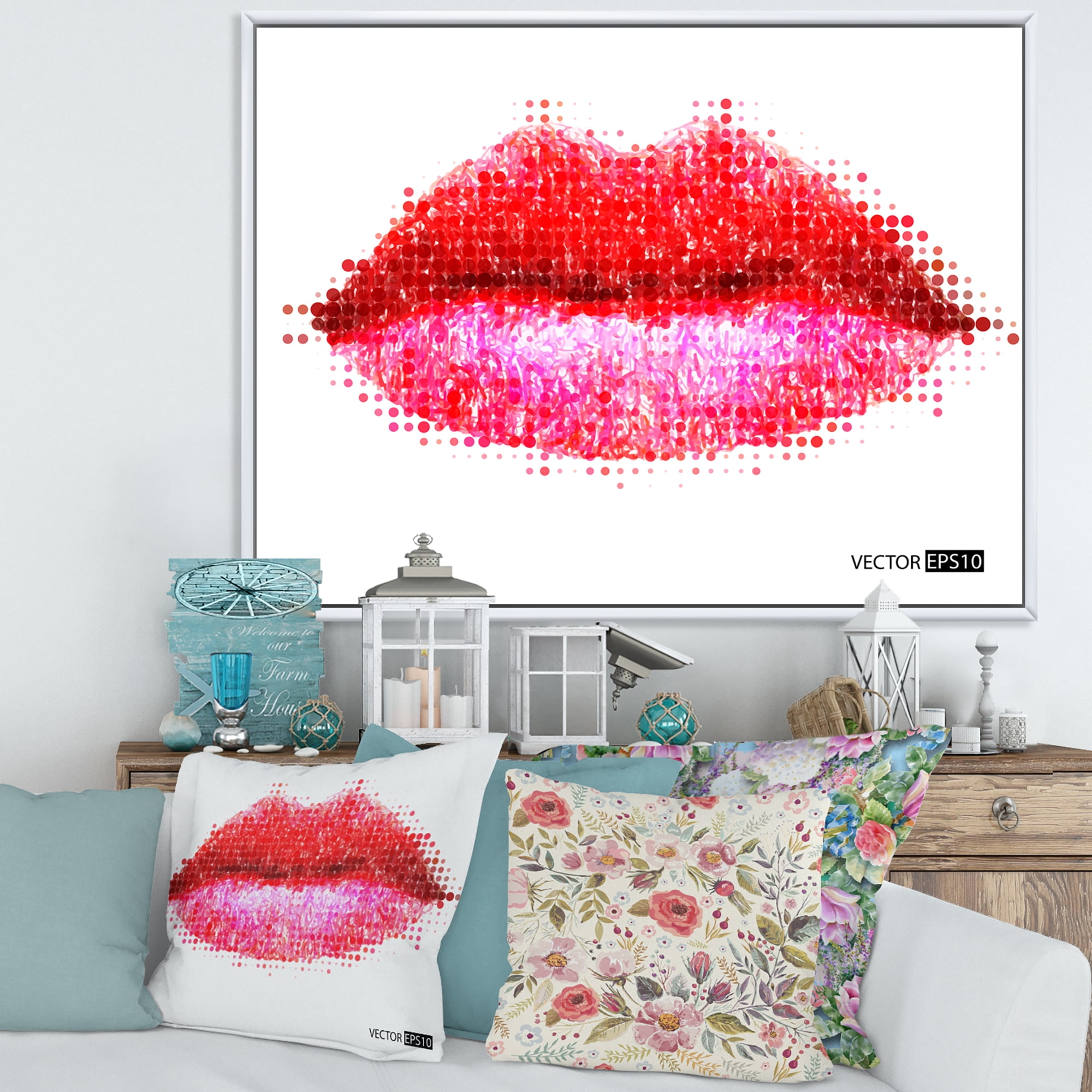 Designart 'Abstract Red Woman Lips in Pixels' Modern Framed Canvas Wall Art Print
