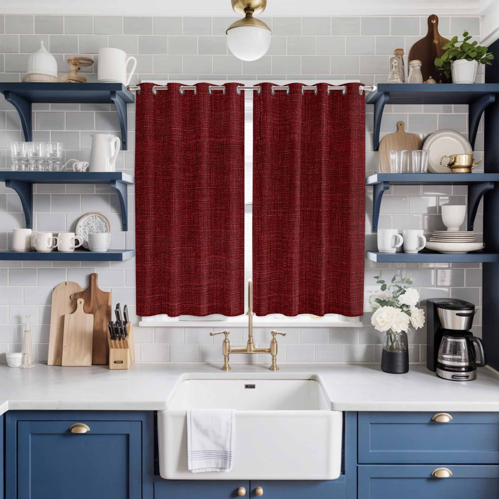 Curtains 63 Inch Length 2 Panels, Vintage Dark Red Grommets Window Treatment Curtain, Farmhouse Retro Solid Color Linen Texture Thermal Curtains Drapes for Living Room/Bathroom