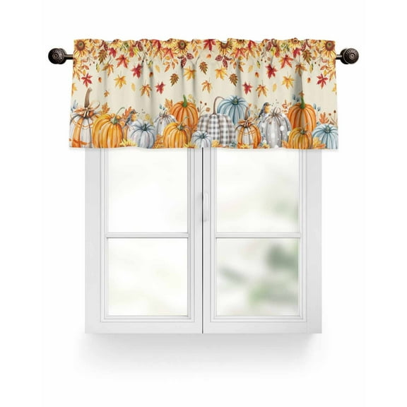 Fall Thanksgiving Kitchen Valances for Windows Orange Pumpkin Sunflower Leaf Valance Curtains for Kitchen /Living Room/Bedroom/ Bathroom Decor, 42"x12 " ,Rod Pocket 1 Panel, Retro