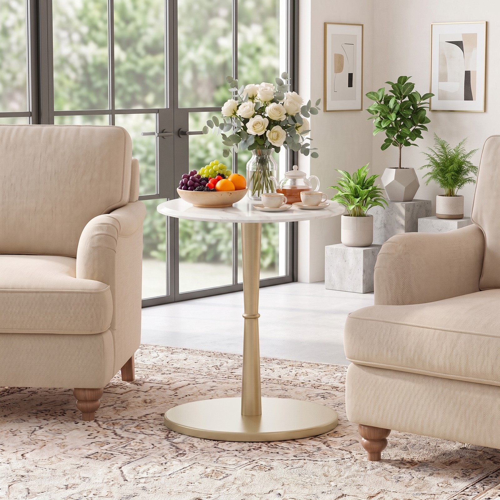 Furnibear Round Marble Side Table, Genuine Stone End Table with Solid Wood Base, Waterproof Heat-Resistant Accent Nightstand for Living Room Bedroom, White and Gold