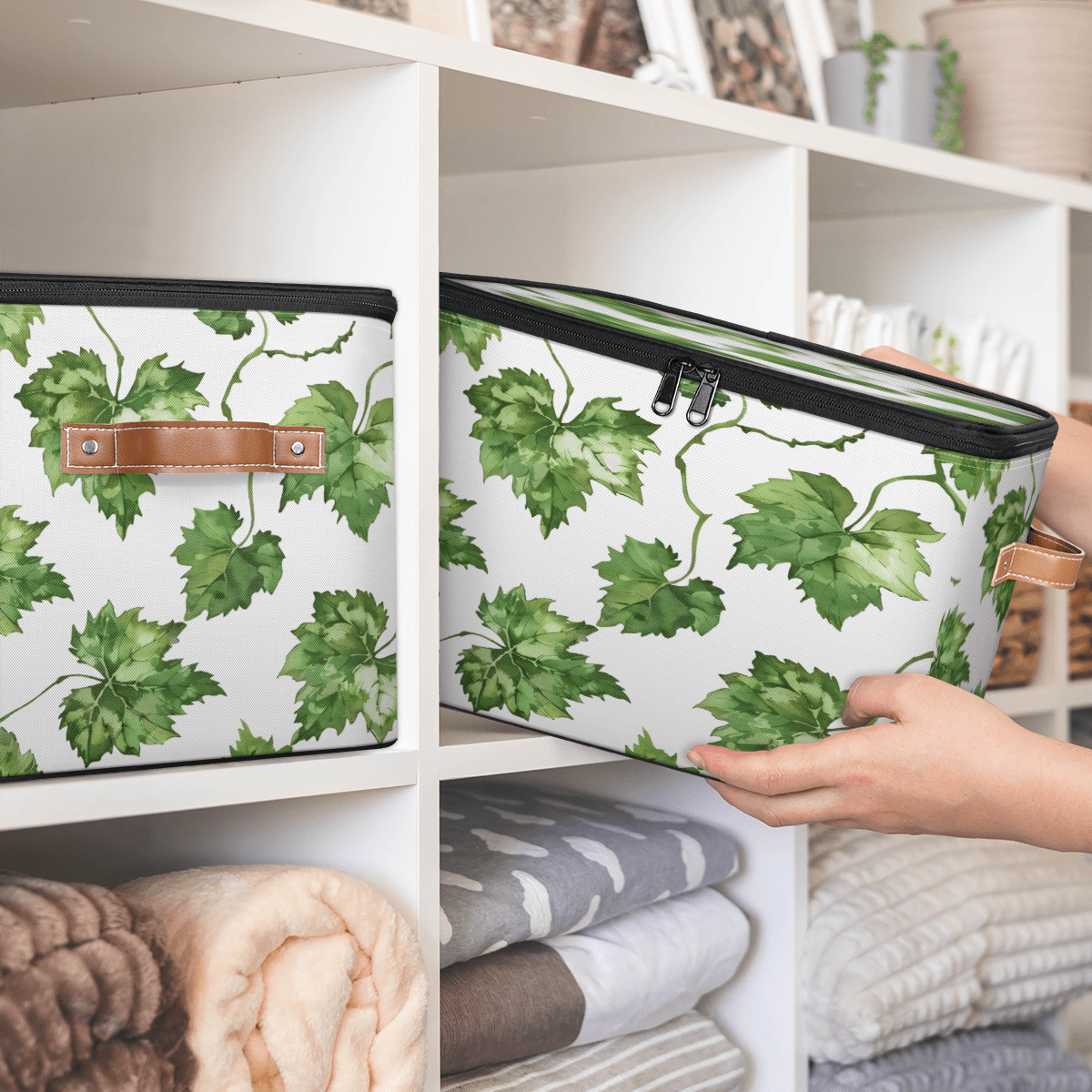 CURLYOOT Grapes Leaves Fabric Storage Bins with Lids, Watercolor Plant Leaves Foldable Storage Boxes Washable Storage Cube, Closet Bedroom Home Organizer Containers with PU Leather Handles