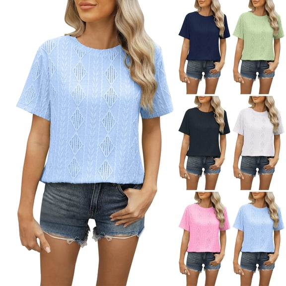 TAGOLD Summer Casual Tops,Plus Size T-shirt Blouse for Womens, Women's New Solid Color Back Button Short Sleeved T-shirt,Short Sleeve Round-Neck Blouses & Shirts