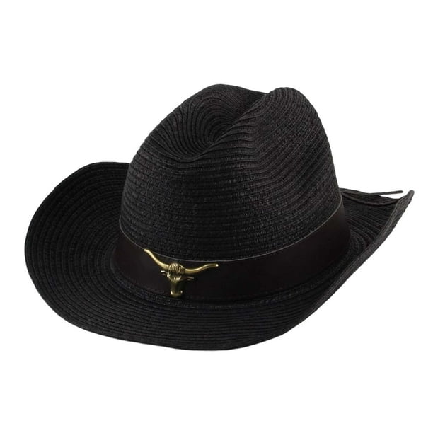 Classic Western Cowboy Hat Cow Decorate Sun Hat Wide Brimmed Unisex Straw  Costume for Holiday Cowgirl Men Teens Women , Black 