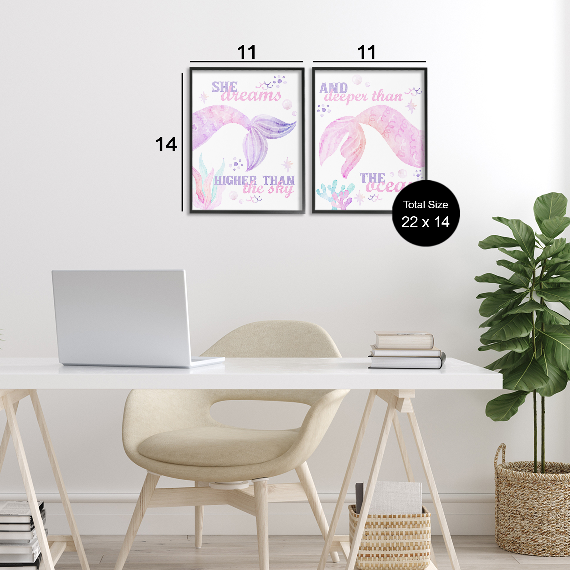 Mermaid Dreams Ocean & Sky 2 Piece Black Framed Giclee Art Set, design by Kim Allen