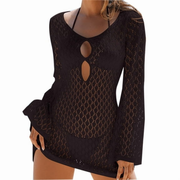 Efsteb Women's Summer Crochet Swimsuit Cover-up Solid Color Long Bell Sleeve Mini Dress for Beach Vacation (Coffee,M)