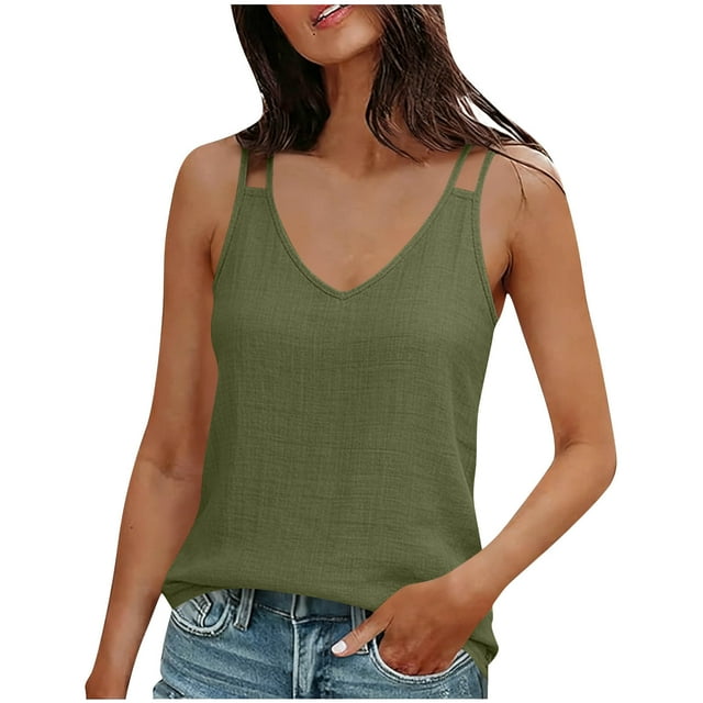 Blusas de Lino sin Mangas para Mujer con Cuello en V, Camisetas Femeninas de Tirantes Finos, Top Cami de Color Sólido